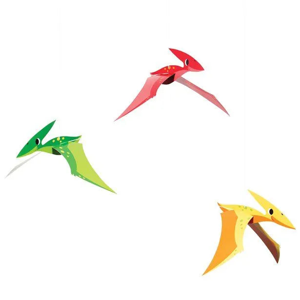 Three paper Pterodactyl hanging decorations. Perfect for a dino party, they come in colours of red, green and yellow. Each hanging decoration measures 43cm x 25cm x 9cm